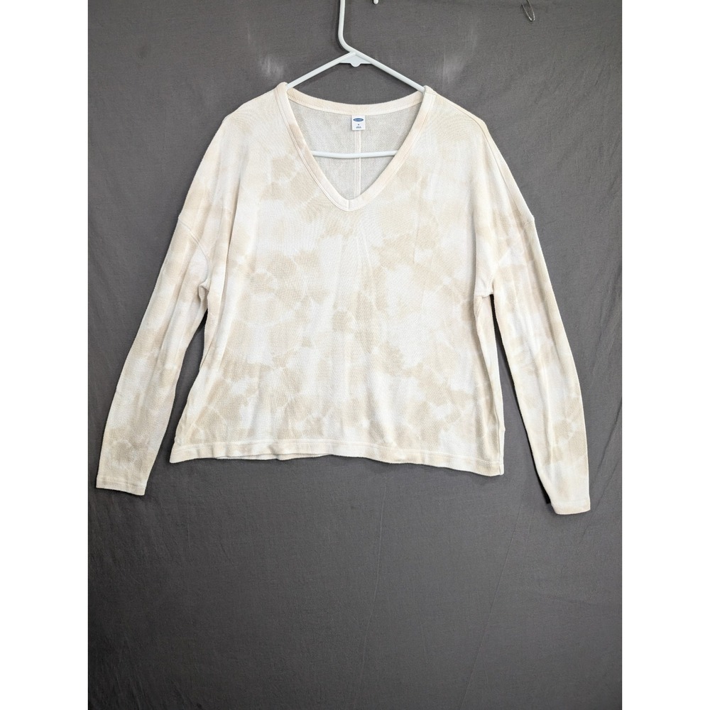 Old Navy Womens Tie Dye V-Neck Long Sleeve Top Cream Tan M